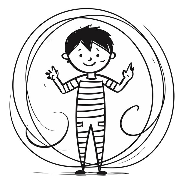 Vector cute cartoon little boy black and white vector illustration for coloring book