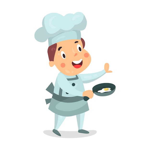 Милый мультфильм маленький мальчик шеф-повар персонаж держит сковороду с яичницей векторные иллюстрации, изолированные на белом фоне