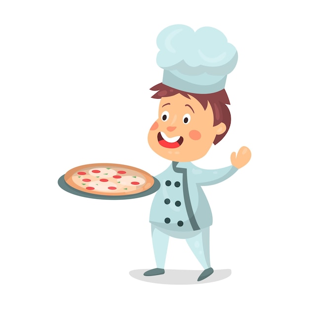 白い背景で隔離のかわいい漫画の小さな男の子のシェフのキャラクターが調理トレイのベクトル図でピザを保持しています。