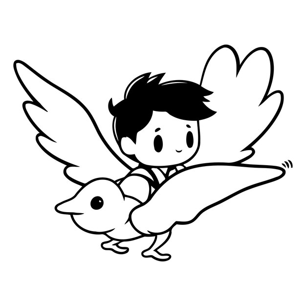 Cute cartoon little boy flying with duckling