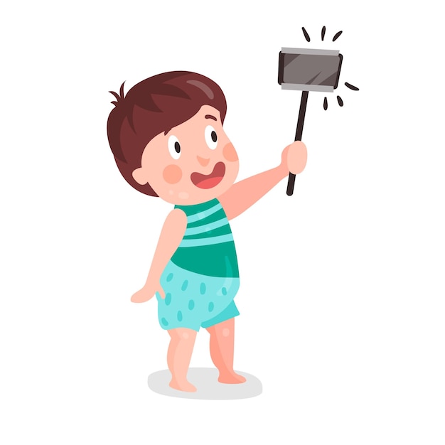 Vettore simpatico cartone animato ragazzino che fa selfie con un bastone colorato personaggio vettoriale illustrazione isolato su sfondo bianco