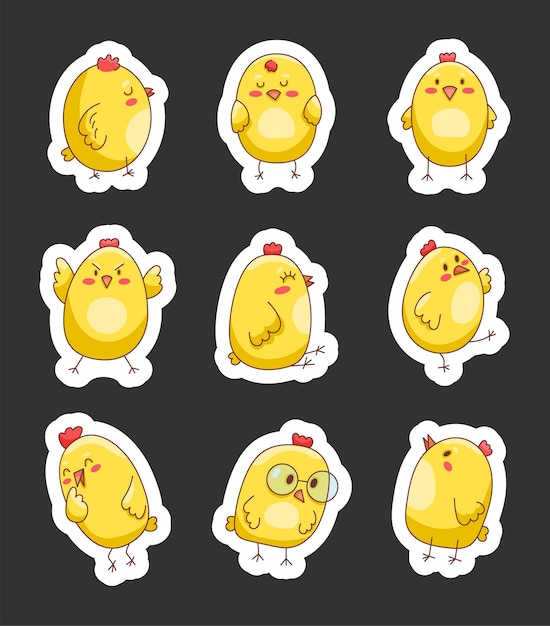 Cute cartoon little chicken Sticker Bookmark Easter bird symbol Farm animals Vector drawing