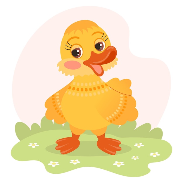 Cute cartoon little duckling gosling character on a meadow with daisy flowers Illustration