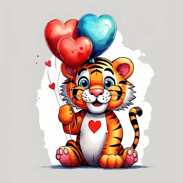Вектор Милый мультфильмный маленький смешной тигр с воздушным шаром в форме сердца дизайн футболки в стиле мультфильмов fleischer