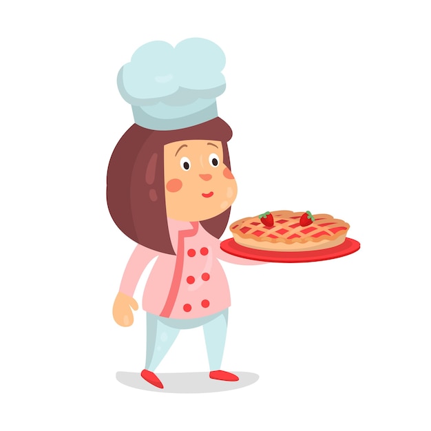 Милый мультфильм маленькая девочка шеф-повар персонаж с клубничным пирогом торт векторные иллюстрации, изолированные на белом фоне