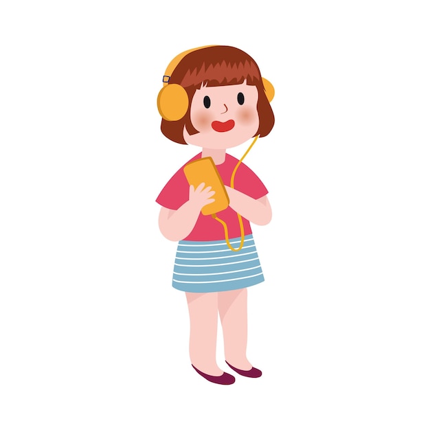 Cute cartoon little girl listening music in headphones colorful character vector illustration isolated on a white background