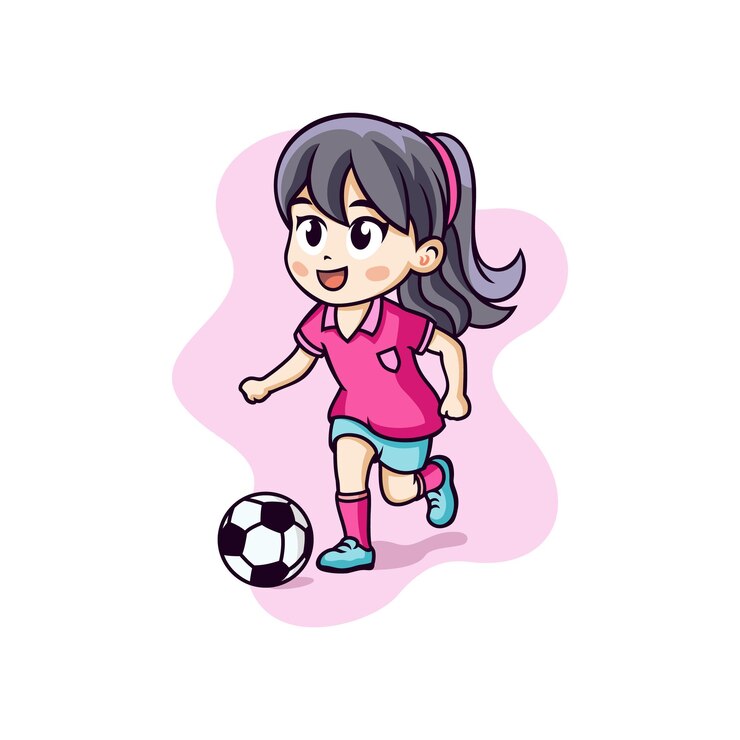 Cute Cartoon Little Girl Playing Football