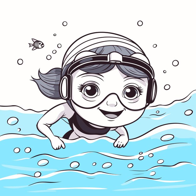 Вектор Милая мультфильмная девочка плавает в море векторная иллюстрация