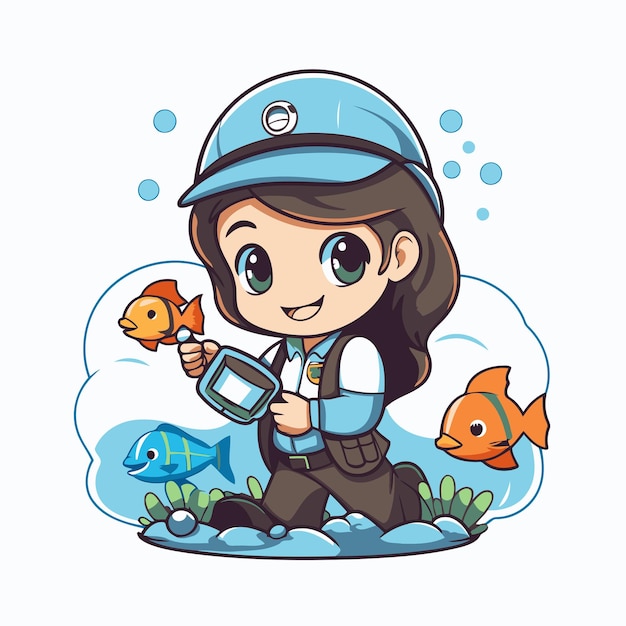 Cute cartoon little girl with a magnifying glass and a fish