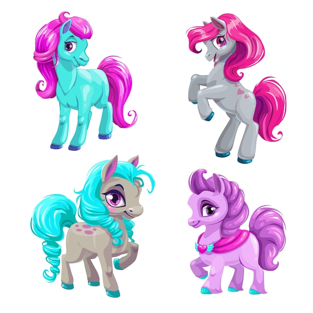 Vettore set di cavallini carino cartone animato icone pony vettoriali isolate