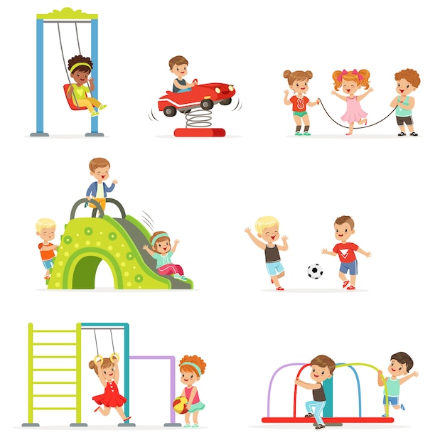 Cute cartoon little kids playing and having fun at the playground set of  Illustrations