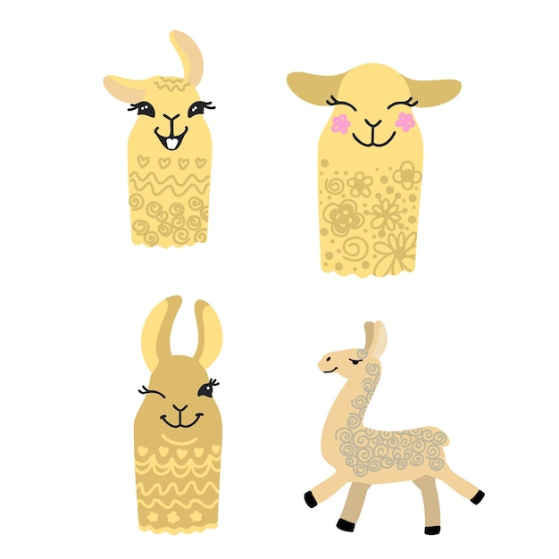 Cute cartoon llama alpaca vector graphic design set hand drawn llama character illustration