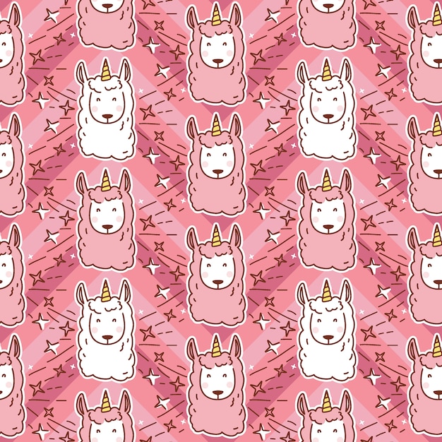 Vector cute cartoon llama unicorn seamless pattern