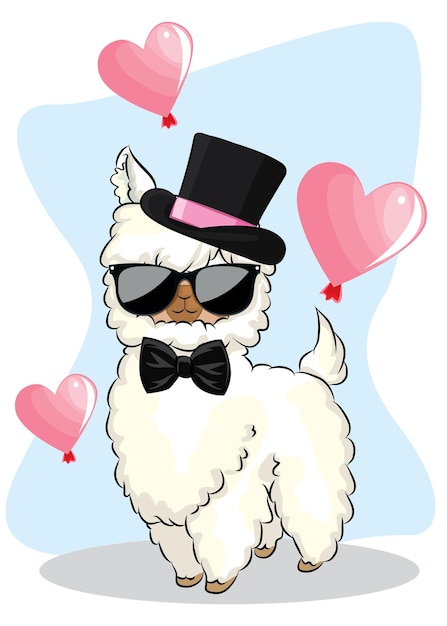 Vector cute cartoon llama with balloon hearts.