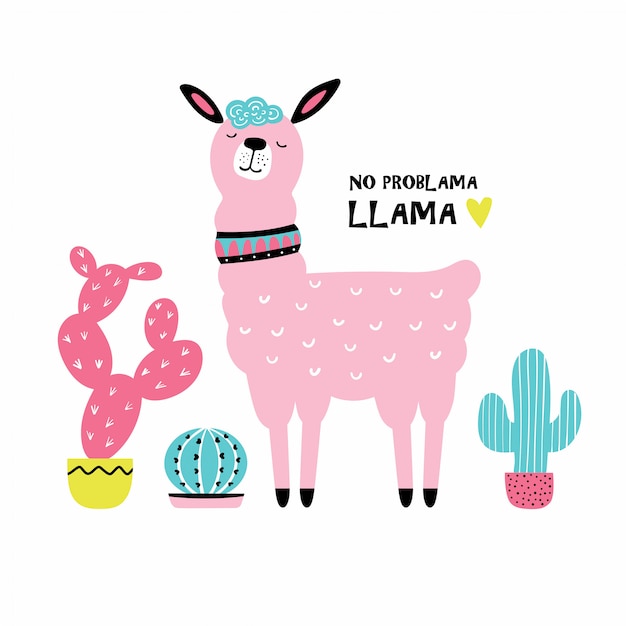 Cute cartoon llama with cactus.