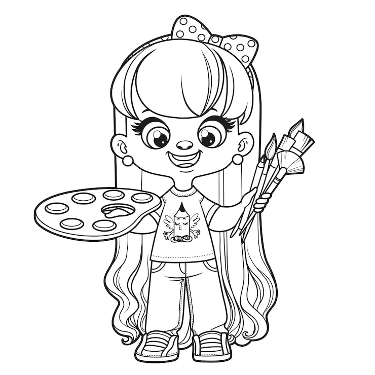 Vector cute cartoon long haired girl holding the palette with paints and brushes in hands outlined for coloring page on a white background