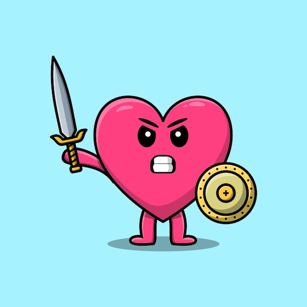 Cute cartoon Lovely heart holding sword and shield