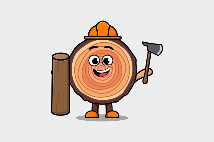 Vector フラットなモダンなスタイルで斧と木を持つ大工のキャラクターとしてかわいい漫画ライチ