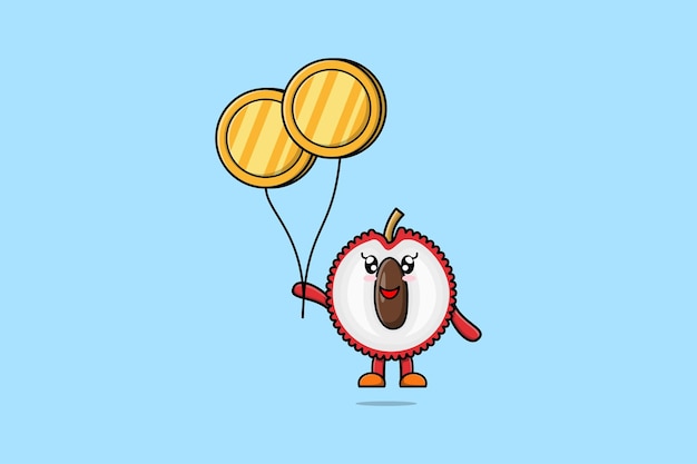 Cute cartoon Lychee businessman floating with gold coin balloon cartoon vector illustration