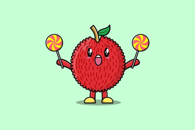 Vector cute cartoon lychee character holding lollipop candy in flat cartoon illustration