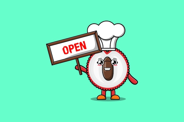 Cute cartoon Lychee character holding open sign board designs in concept flat cartoon style