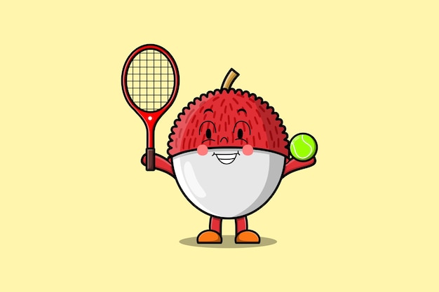 Cute cartoon Lychee character playing tennis field