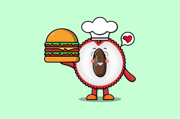 Cute cartoon Lychee chef character holding burger