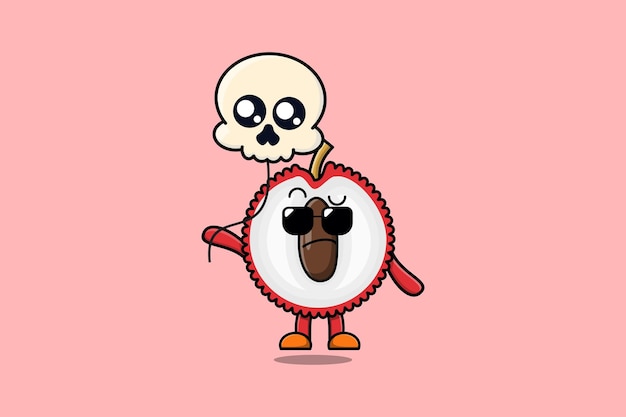 Cute cartoon Lychee floating with skull balloon