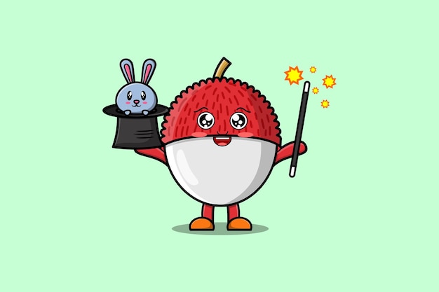 cute cartoon Lychee magician character with bunny character coming out from magic hat