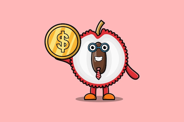 Cute cartoon Lychee successful businessman holding gold coin illustration