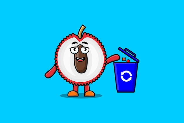 Cute cartoon Lychee throwing trash in the trash in flat modern style design illustration