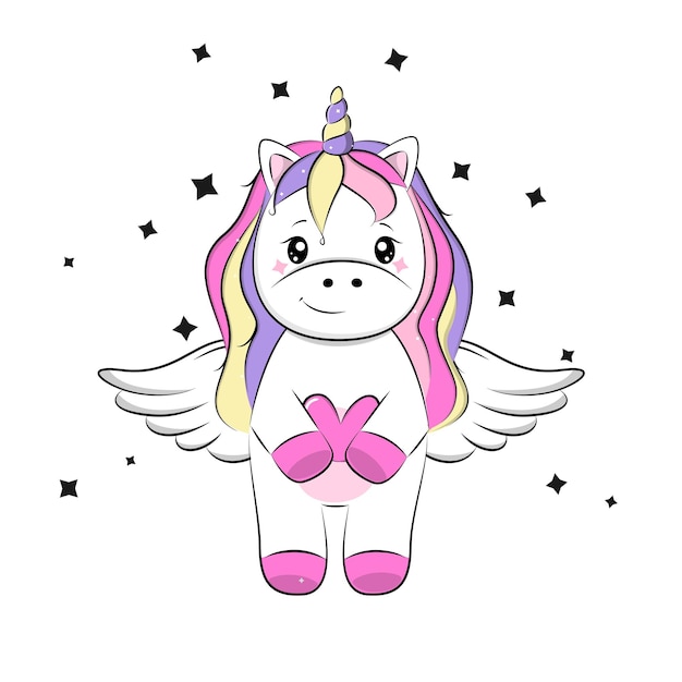 Cute cartoon magic unicorn for kids. Vector.