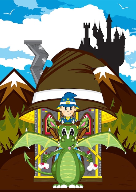  Cute Cartoon Magical Wizard and Fierce Green Dragon Illustration