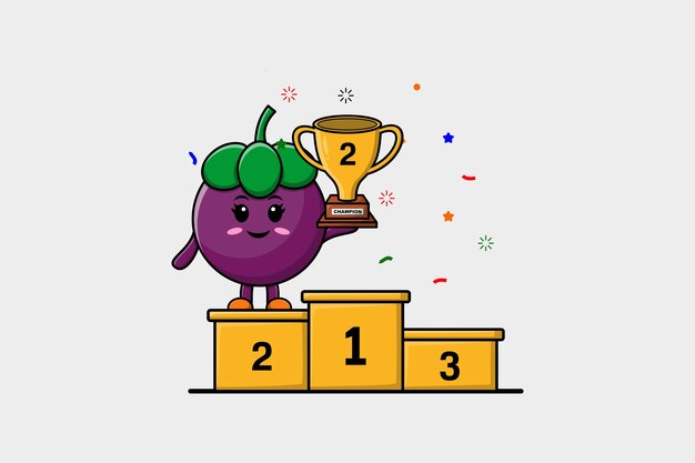 Cute cartoon Mangosteen character as the second winner with happy expression in modern illustration