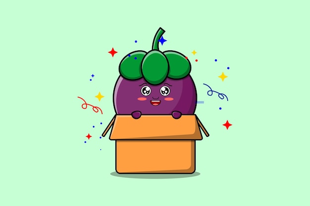 Cute cartoon mangosteen character coming out from box in flat style cartoon vector icon illustration