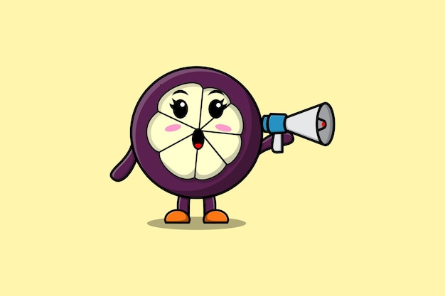 Cute cartoon mangosteen character speak with megaphone in 3d cartoon style concept