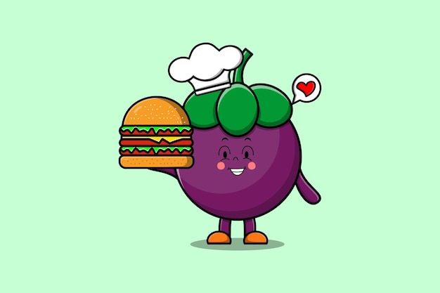 플랫 만화 스타일 일러스트에서 햄버거를 들고 있는 귀여운 만화 망고스틴 셰프 캐릭터
