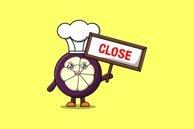 Cute cartoon Mangosteen chef character holding close sign board designs in flat cartoon style