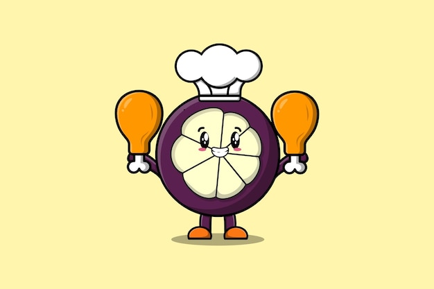 Cute cartoon Mangosteen chef character holding two chicken thighs in flat cartoon style illustration