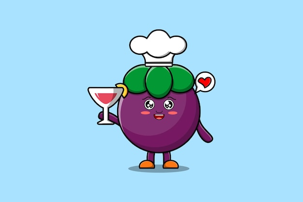 Cute cartoon Mangosteen chef character holding wine glass flat cartoon style illustration