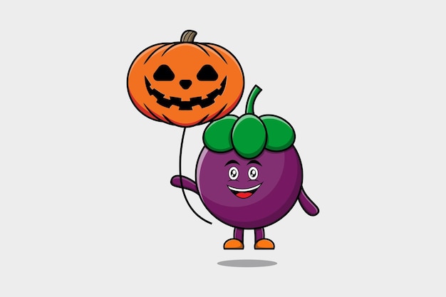 Simpatico cartone animato mangostano che galleggia con il palloncino di zucca di halloween nell'illustrazione dell'icona del fumetto piatto
