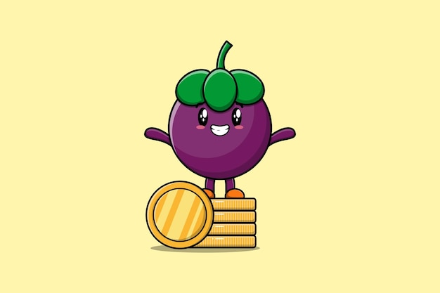 Cute cartoon mangosteen stand in stacked gold coin