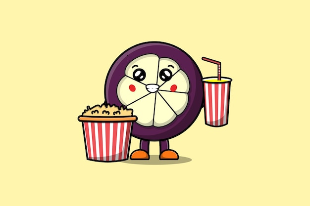 Cute cartoon Mangosteen with popcorn and drink ready to watching film in cinema