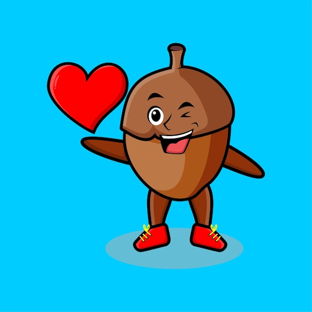 Cute cartoon mascot character acorn holding big red heart in modern style design