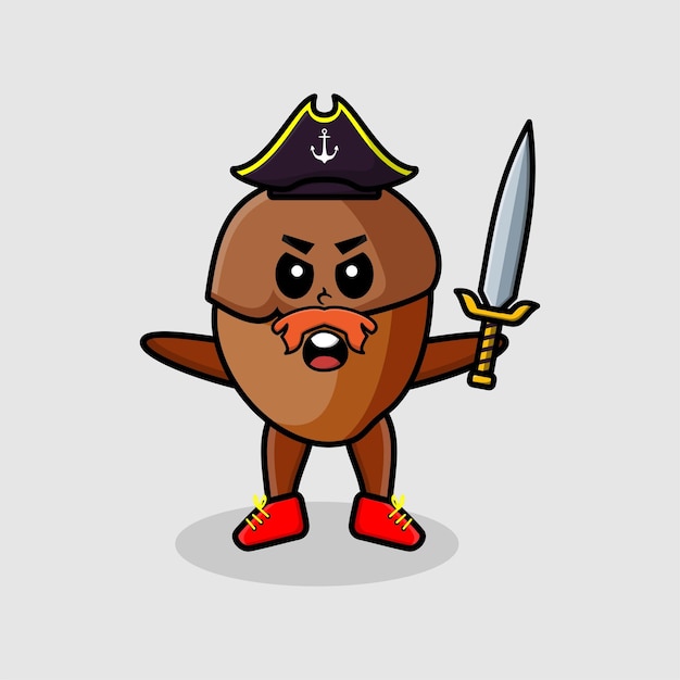 Cute cartoon mascot character acorn pirate with hat and holding sword in modern design