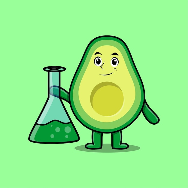 Personaggio mascotte simpatico cartone animato avocado come scienziato con vetro di reazione chimica in stile moderno carino