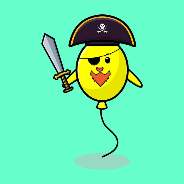 Милый мультяшный персонаж-талисман воздушного шара-пирата в шляпе и с мечом в современном дизайне