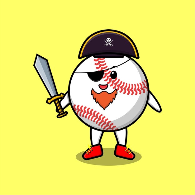 Cute cartoon mascot character baseball ball pirate with hat and holding sword in modern design