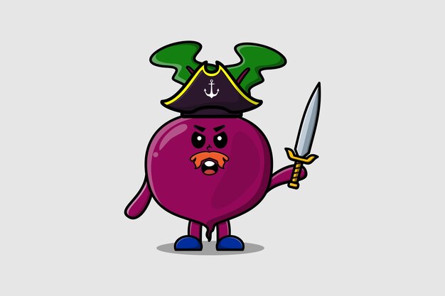 Cute cartoon mascot character Beetroot pirate with hat and holding sword in modern design