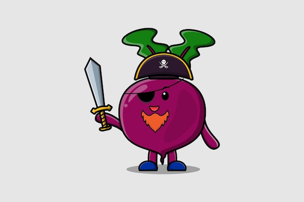 Cute cartoon mascot character beetroot pirate with hat and holding sword in modern design